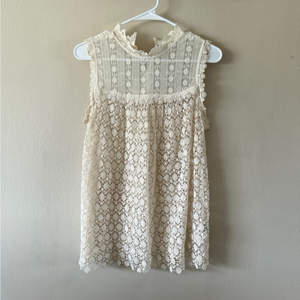 Anthropologie Lili’s Closet Cream Cotton Floral Lace Ruffle Neck Top Size S